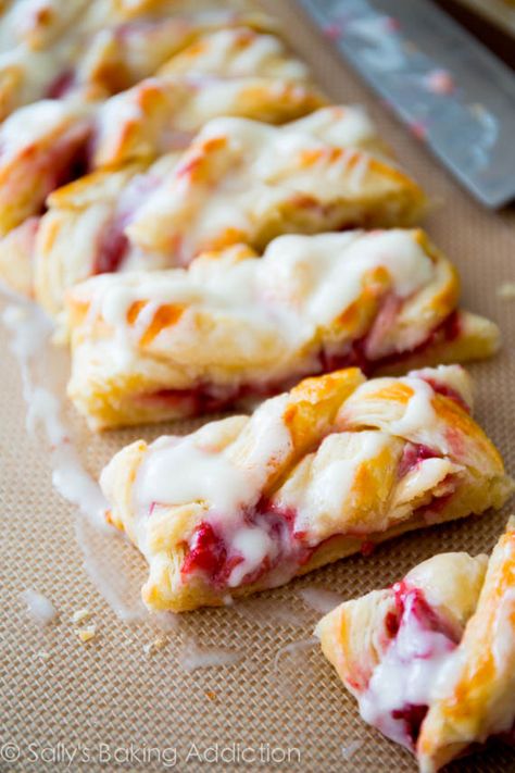 Iced Raspberry Danish Braid. Easy instructions to create flaky, buttery raspberry Danish braids at home Cherry Pastry Recipes, Bite Size Brunch, Cherry Pastry, Raspberry Danish, Danish Braid, Cherry Danish, Fruit Pizzas, Munchies Recipes, Sallys Baking