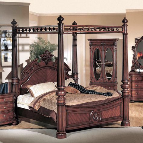 Found it at Wayfair - Melbourne Queen Canopy Bed Canopy Bedroom Sets, Queen Canopy Bed, King Size Bedroom Sets, Antique Bedroom Furniture, Wooden Bedroom Furniture, Wood Bedroom Sets, Canopy Bedroom, King Sized Bedroom, Murphy Bed Plans