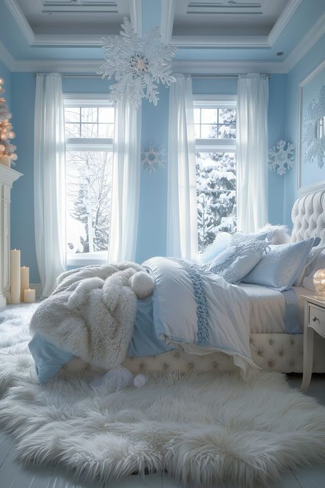 29 Blue Witchy Bedroom Ideas to Blend Calmness with Mysticism - My Elegant Home Winter Wonderland Bedroom Decor, Pastel Blue Room Aesthetic, Baby Blue Bedrooms, Witchy Bedroom Ideas, Lady Lair, Winter Bedroom Decor, Witchy Bedroom, Frozen Bedroom, Winter Bedroom