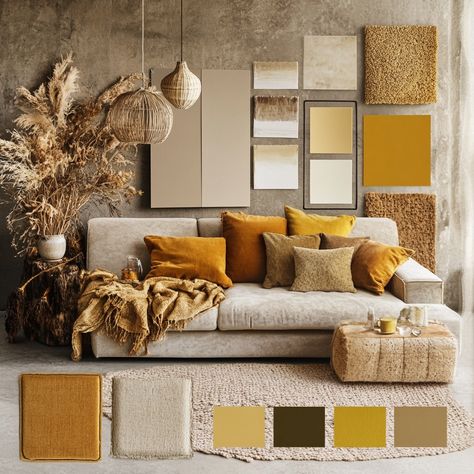 Mustard Color Palette, Palette Living Room, Warm Color Palette, Color Palette Living Room, Warm Colour Palette, Mustard Color, Apartment Living Room, Color Pallets, Apartment Living