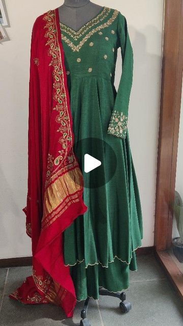 Chhavi by Kruti shah on Instagram: "Royalty:  A bottle green anarkali with zardozi work paired with kali palazzo is a stunning choice that exudes grace, elegance, and a touch of modernity.

To complete the look, This choice of dupatta adds a pop of contrasting color to the ensemble, creating a visually striking effect. The lagdi patta and zardozi work on the dupatta add intricate and traditional details, further enhancing the royal touch of the outfit.

Overall, the combination of bottle green, red, and royal elements creates a regal and timeless look. It's a perfect choice for special occasions, weddings, or cultural events where you want to make a statement with your attire.

#weddinglook #royal #anarkalidress #anarkali #handwork #zardozi #weddingattire #designer #duppata #designer #brid Designer Duppata, Duppata Designer, Kali Palazzo, Bottle Green Anarkali, Outfit Overall, Green Anarkali, Mehndi Outfits, Zardozi Work, Cultural Events