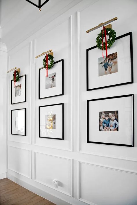 DIY Picture Light Wreaths Entryway Molding Ideas Hallways, Broadmoor House, Stairs Makeover Ideas, Den Room, Hallway Pictures, Picture Walls, Stairs Renovation, Lighted Wreaths, Stairs Makeover