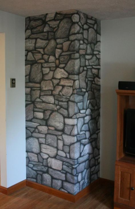 I painted this over a woodstove chimney wall, using acrylic craft paint, to look like stones. Coated it with polyurethaine once and it’s lasted through ten years of heating seasons.  ©2012 MKJM
#murals #stonepainting #painting #stonemural Drawing Stone Walls, Stone Wall Painting, How To Paint Cobblestone On Canvas, Stone Wall Drawing Tutorial, How To Paint Castle Walls Faux Stone, Stone Mural, Rocks Texture, Medieval Room, Living Room Art Painting