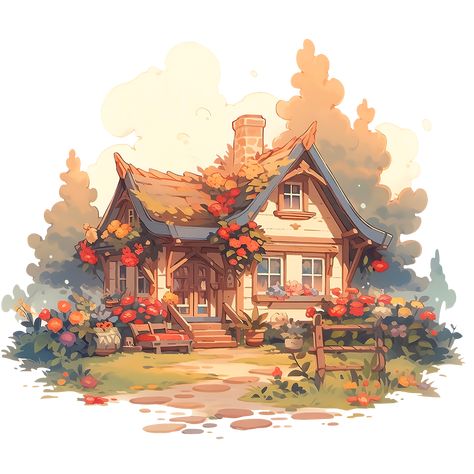 Cozy Cottage with Summer Flowers in Rustic and Cottagecore Style Sticker Cottage Home Drawing, Cozy Cottage Drawing, Cottage Core House Drawing, Cozy Cottage Art, Cottagecore Digital Art, Cottagecore Concept Art, Cozy House Drawing, Flower House Drawing, Fantasy Cottage Concept Art