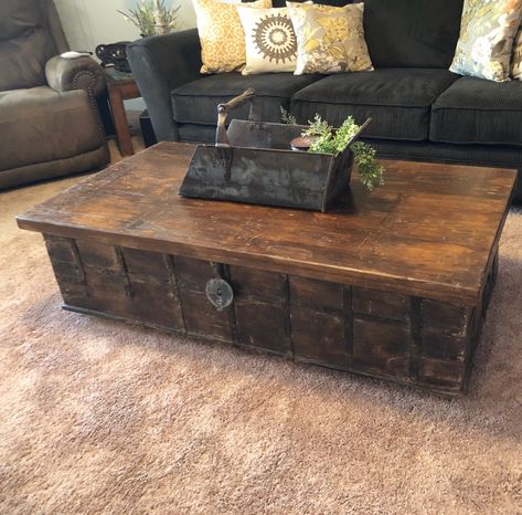 Antique teak and iron trunk makes the perfect coffee table. Steam Trunk Coffee Table, Trunk Coffee Table Living Room, Cottagecore Coffee Table, Cottage Core Coffee Table, Antique Trunk Coffee Table, Moody Cottagecore, Antique Coffee Table, Tree Trunk Table, Suitcase Table