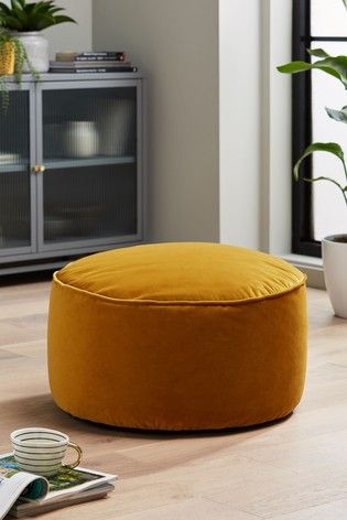 Opulent Velvet Pouffe Blue And Mustard Living Room, Mustard Living Rooms, Kitchen Radiator, Office Idea, Living Room Decor Gray, Ochre Yellow, Yellow Home Decor, Floor Pouf, Future Apartment