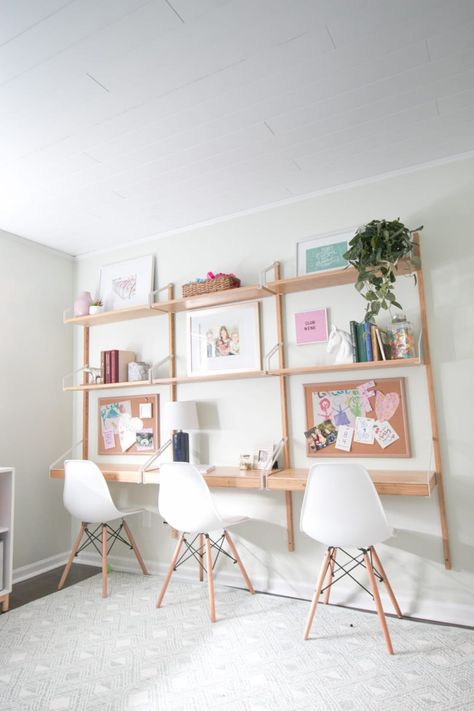 This desk system from Ikea fits this room perfectly and provides storage. Desk For Playroom, Loft School Room, Ikea Wall Desk, Homework Station For Kids, Ikea Kids Bedroom, Bright Kids Room, Kids Homework Station, Ceiling Planks, Ikea Trofast Storage