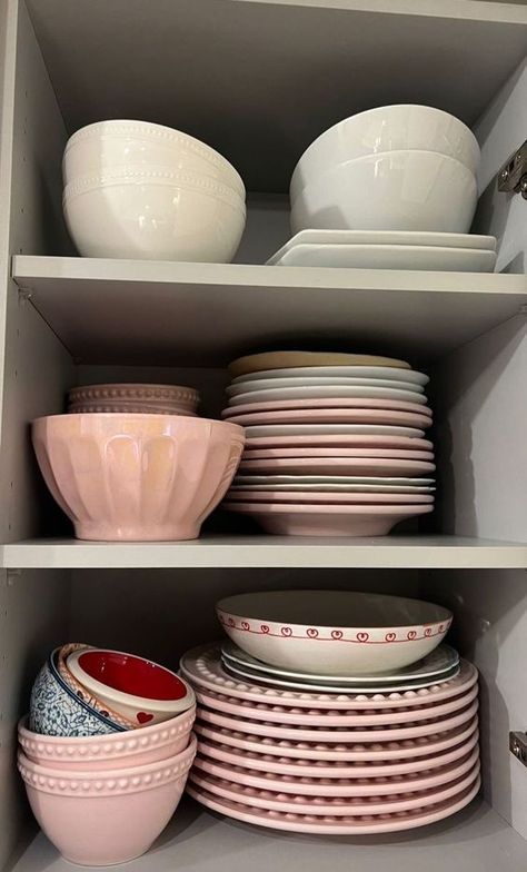 Cute Kitchenware Aesthetic, Pink Ceramic Plates, Girly Kitchen Decor Apartment, Cabinet Makeover Kitchen, Pink Kitchenware, Aesthetic Kitchenware, Cute Kitchenware, Cabinet Ideas Kitchen, Kitchen Cabinet Makeover