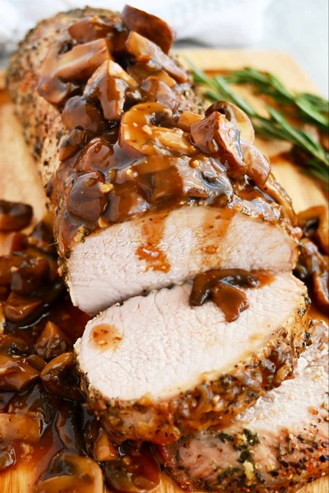 The best Oven Pork Loin Roast, crispy, herbed crust, served with a delicious Mushroom Sauce. This roasted pork loin is easy enough for a weeknight meal and fancy enough for your holiday dinner parties. | cravingtasty.com Pork Tenderloin With Mushroom Sauce, Pork Lion Recipes, Cooking Pork Loin, Oven Roasted Pork Loin, Pork Loin Oven, Pork Loin Recipes Oven, Craving Tasty, Stone Gable, Roasted Pork Loin