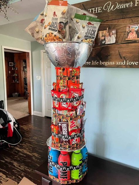 DIY Candy Stanley Cup Replica Hockey Trophy - Mama Cheaps® Hockey Team Party, Hockey Treats, Hockey Trophy, Stanley Cup Trophy, Diy Trophy, Easter Teacher Gifts, Hockey Tape, Hockey Tournament, Hockey Tournaments