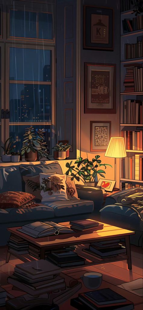 Cozy Homescreen Wallpaper, Cosy Phone Wallpaper, Cozy Home Painting, Autumn Lofi Wallpaper, Lofi Aesthetic Apartment, Cozy Living Room Drawing, Lofi Aesthetic Living Room, Aesthetic Autumn Drawings, Illustrated Iphone Wallpaper