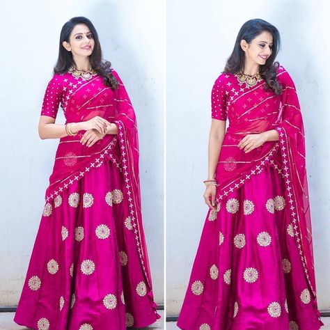 https://keepmestylish.com/2017/07/10-different-ways-wear-lehenga/ Types Of Lehenga, Skirt Types, Pink Half Sarees, भारतीय दुल्हन संबंधी, डिजाइनर कपड़े, Half Saree Lehenga, Half Sarees, Lehnga Dress, Rakul Preet