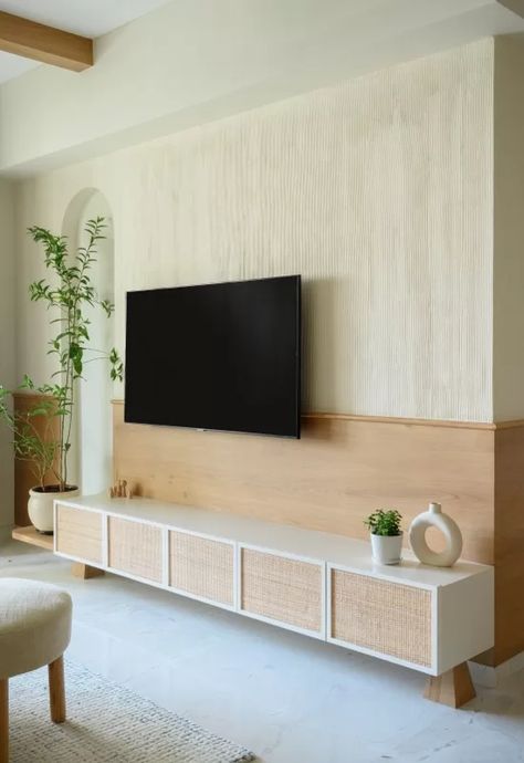 Japandi Tv Unit Design, Bangalore Apartment, Tv Unite, Japandi Interiors, Modern Tv Wall Units, Japandi Living, Tv Panel, Japanese Minimalism, Hallway Designs