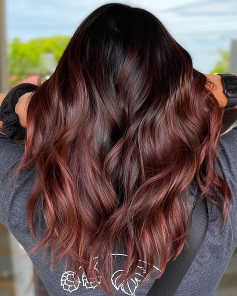 30 Top Balayage on Black Hair Ideas for 2022 - Hair Adviser Ginger Balayage Straight Hair, Ombre Hair Color On Black Hair, Dark Red Brown Balayage, Black Auburn Balayage, Copper Red Balayage On Black Hair, Auburn Balayage On Brown Hair, Dark Brown Auburn Hair Balayage, Dark Brown And Auburn Hair, Brown To Auburn Ombre