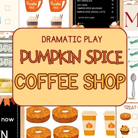 FREE THIS WEEK! Dramatic play Pumpkin Spice Coffee Shop printables! Over 20 pages of printable menus, signs, drinks, treats, money, and banner to create your own pretend play cafe! I've been having so much fun playing this with my girls this week! Want to join the fun? Comment CAFE and I will send you the link, or head straight over to my link in bio! #homeschoolresources#dramaticplay#pumpkinspiceeverything #homeschoolcommunity Coffee Shop Printables, Coffee Shop Dramatic Play, Pumpkin Spice Milkshake, Play Cafe, Spice Coffee, Hot Cider, Printable Menu, Sugar Pumpkin, Pumpkin Spice Coffee