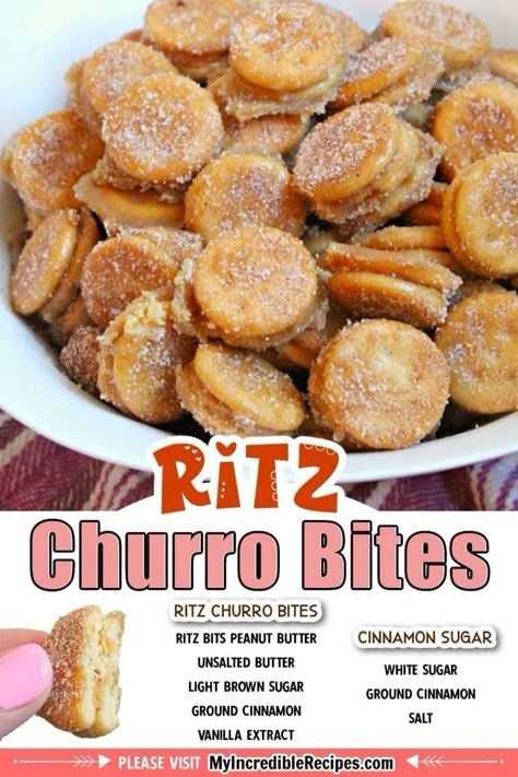 Easy Appetizers Sweet, Things To Do With Ritz Crackers, Ritz Cracker Churros, Ritz Churro Bites, Best Munchies Snacks, Quick Snacks For Parties, Sweet Snacks For Party, Easy Munchies Snacks, Fall Hors D’oeuvres