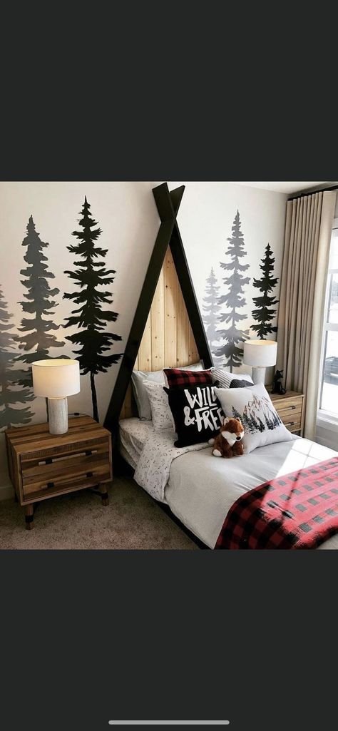 Campfire Bedroom Ideas, Toddler Mountain Bedroom, Wilderness Themed Bedroom, Rustic Toddler Boy Room, Outdoorsy Bedroom Ideas, Woods Themed Bedroom, Woodland Toddler Room Boys, Boys Nature Bedroom, Wolf Bedroom Ideas