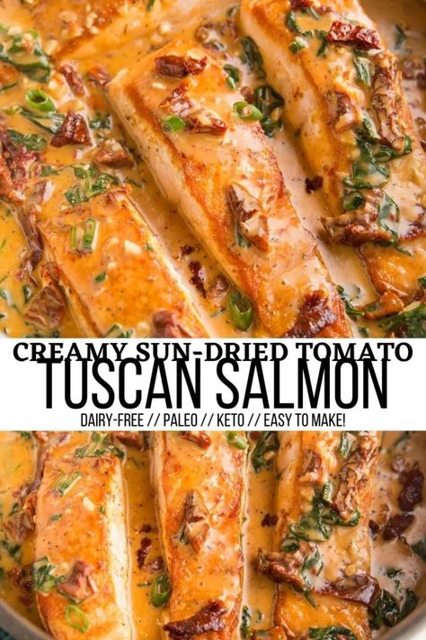 Creamy Tuscan Salmon, Tuscan Salmon Recipe, Tuscan Salmon, Dairy Free Sauces, Rustic Recipes, Healthy Salmon Recipes, Healthy Salmon, Pan Seared Salmon, Salmon Dishes