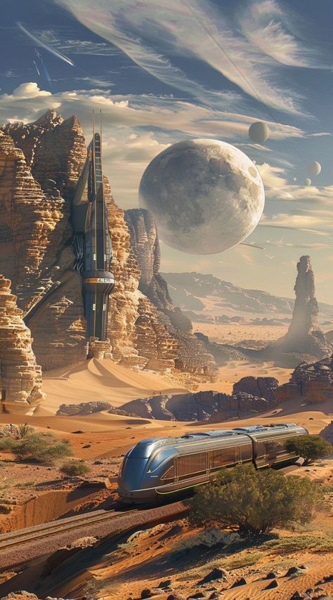 Prompt 👉A futuristic train moves through a desert landscape, bizarre lone plants grow, with mountains and cliffs in the background, creating a fantastic picture of an alien world, with two moons visible in the sky, depicted in the style of digital art, photorealism 👉 if Like, please Follow and Share AI Graphics Studio 👇Contact on WhatsAPP: http://tiny.cc/aigraphicsstudio #aigraphicsstudio #AI #DigitalMarketing #digitalartist #digitalart #digital #creativephotography #designinspiration #grap... Futuristic Train, Egypt Concept Art, Night Cafe, Two Moons, Draw Together, Space Fantasy, Alien Worlds, Desert Landscape, Science Fiction Art