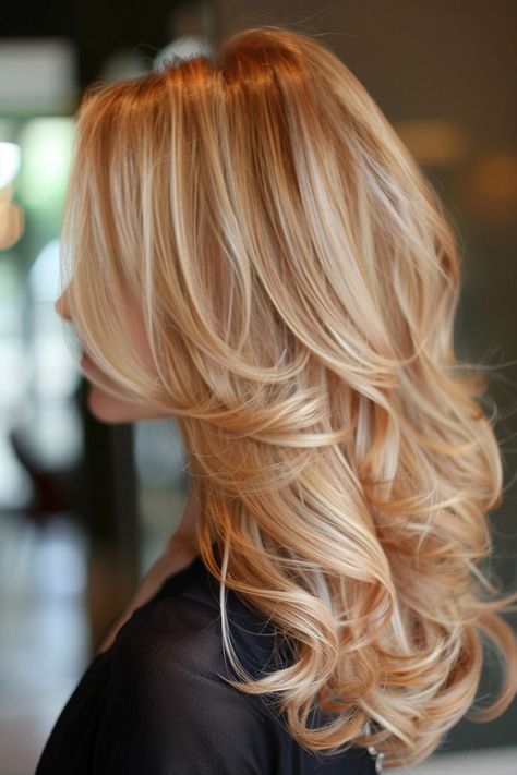 Adding a hint of color for a unique style, this golden blonde hair features subtle rose gold highlights that create a delicate and trendy look. Click to see more. Blonde Hair With Copper Lowlights, Hair Ideas For Medium, Dyed Hair Ideas, Gold Blonde Hair, Copper Blonde Hair, Warm Blonde Hair, Rose Gold Highlights, Red Blonde Hair, Strawberry Blonde Hair Color