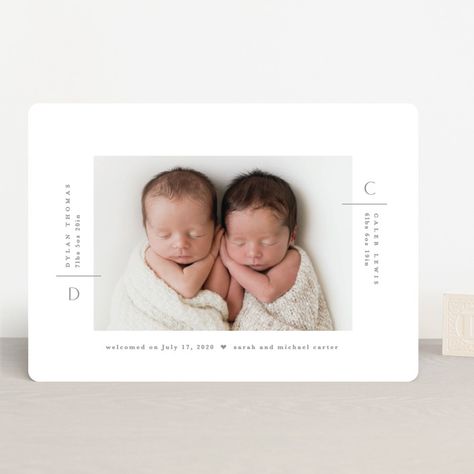 Twin Birth Announcements, Baby Birth Announcement Cards, Baby Branding, Baby Announcement Card, Twins Announcement, Nursery Room Themes, Minimalist Portrait, Paper Bag Gift Wrapping, Graduation Greetings