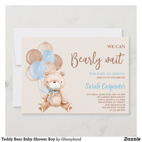 Teddy Bear Baby Shower Boy Invitation Teddy Bear Baby Shower Invitations, Boy Shower Invitations, We Can Bearly Wait, Bearly Wait, Teddy Bear Baby Shower, Bear Theme, Baby Bear Baby Shower, Baby Shower Invitations For Boys, Baby On The Way