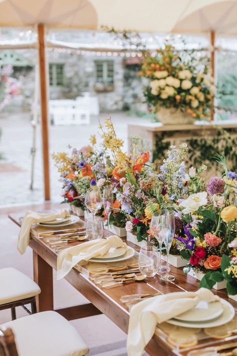 Love bold and playful details? This styled shoot is filled with bright wedding color ideas to inspire anyone. Wild Flower Wedding Theme, Flower Wedding Theme, Wild Flower Wedding, Wildflower Wedding Theme, Bright Wedding, Have Inspiration, Outdoor Wedding Reception, Garden Party Wedding, Wildflower Wedding