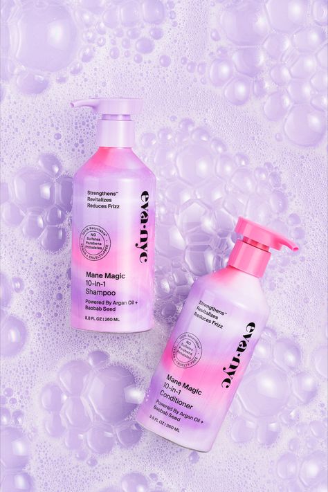 Creative photo of Eva Nyc Shampoo and hair conditioner in purple bubbles by Notashelfie Bubble Aesthetic, Purple Bubbles, Bubble Game, Eva Nyc, Shampoo Ingredients, Bubble Games, Product Photoshoot, Bubble Up, Products Photography