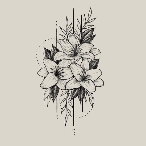 Geometric and lily fine line minimal Tattoo Design Geometric Floral Tattoo, B Tattoos, Lilly Tattoo Design, Lilly Tattoo, Lillies Tattoo, Lily Tattoo Design, Minimal Tattoo Design, Spine Tattoos For Women, Tattoo Artwork