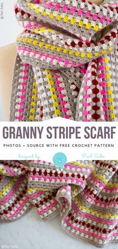 Granny Stripe Scarf, Stripe Scarf Pattern, Crochet Help, Crochet Stripe Scarf, Granny Stripe Crochet, Granny Square Pattern Free, Crochet Granny Stitch, Granny Square Scarf, Crocheted Slippers