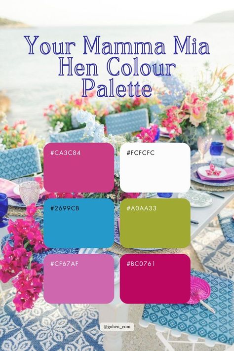 Mama Mia Color Palette, Momma Mia Party Ideas, Mamma Mia Bachelorette Party Games, Mamma Mia Color Palette, Party Colour Palette, Mamma Mia Hen Party, Mamma Mia Party Ideas, Mama Mia Themed Party, Mama Mia Party Ideas