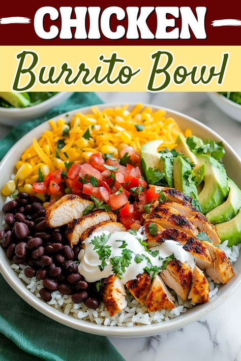 This chicken burrito bowl is just as good as Chipotle! Loaded with tender chicken, beans, rice, tomatoes, corn, and avocado, it has everything you crave. Chicken Burritos Bowls, Grilled Chicken Burrito Bowl, Chipotle Copycat Chicken, Chicken And Rice Burrito, Rice And Bean Burrito, Chicken Rice Beans, Best Burrito, Chipotle Copycat, Burrito Bowl Recipe