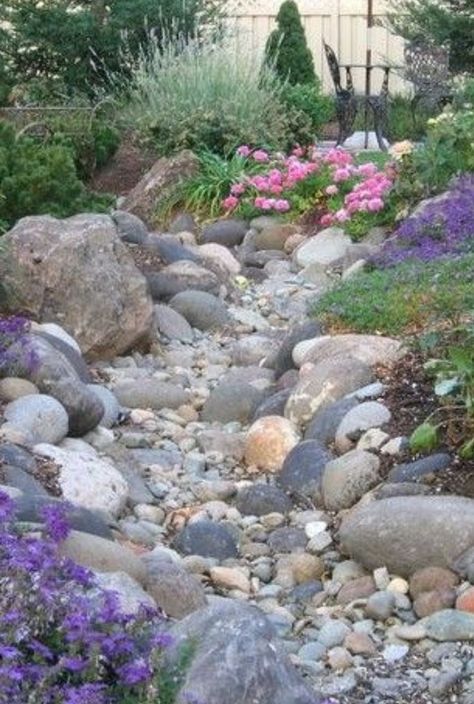 Dry Riverbed Landscaping, Tattoo Plant, Dry River, River Rock Landscaping, Sloped Backyard, Rock Garden Design, Hillside Landscaping, Creek Bed, Lawn And Landscape