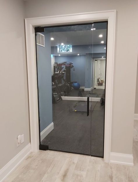 Gym Glass Design, Basement Gym Doors, Basement Gym Glass Door, Gym Door Ideas, Glass Door Gym, Home Gym With Glass Doors, Glass Gym Doors, Home Gym Glass Doors, Home Gym Doors