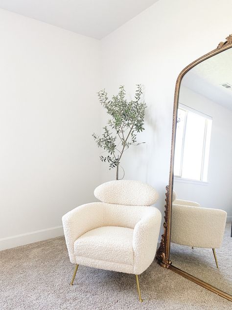 Sherpa chair, shearling chair inspo. Shop my link in bio! Sherpa Chair Target, Sherpa Chair Aesthetic, Sherpa Chair Decor, Sherpa Accent Chair Living Room, White Sherpa Chair Living Room, White Chair Decor, Sherpa Office Chair, Sherpa Living Room, Chair And Mirror In Corner