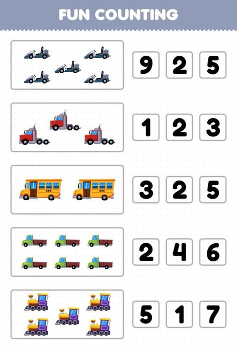 Education game for children fun counting and choosing the correct number of cartoon land transportation go cart convoy truck bus pickup truck train locomotive printable worksheet Transportation Worksheet, Go Cart, Counting Worksheets, Game For Children, Go Carts, Printable Game, Clipart Black And White, Kindergarten Activities, Pickup Truck