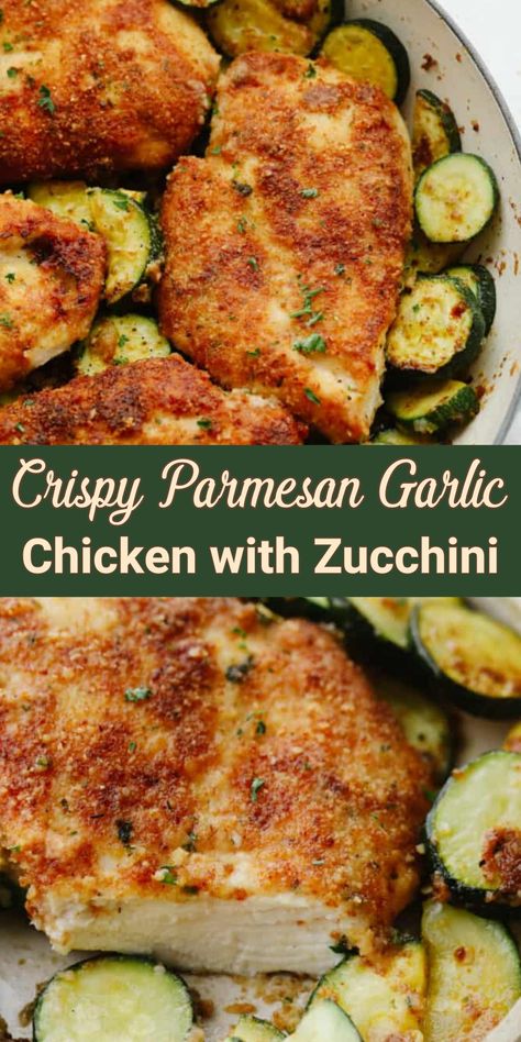 Crispy Parmesan Garlic Chicken with Zucchini, dinner recipes, main dish recipes, main course, chicken recipes Garlic Parmesan Chicken And Veggies, Chicken And Zucchini Dinner Ideas, Zucchini Chicken Parmesan, Keto Chicken And Zucchini Recipes, Chicken Breast Recipes With Zucchini, Zucchini Recipes Chicken, Recipes With Chicken And Zucchini, Parmasean Chicken Casserole Recipe, Chicken Broccoli Zucchini Recipes