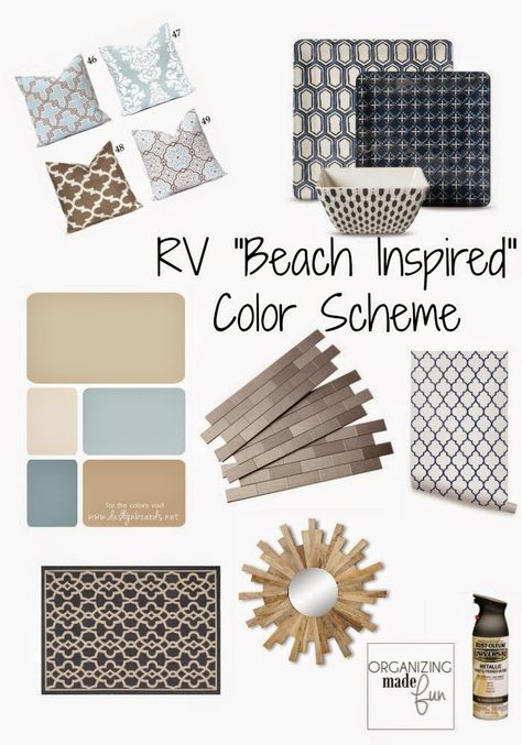 RV "Beach Inspired" Color Scheme Board :: OrganizignMadeFun.com Camper Interior Remodel, Diy Travel Trailer, Beach Camper, Remodel Diy, Rv Makeover, Travel Trailer Remodel, Interior Color Schemes, Camping Camper, Tent Trailer