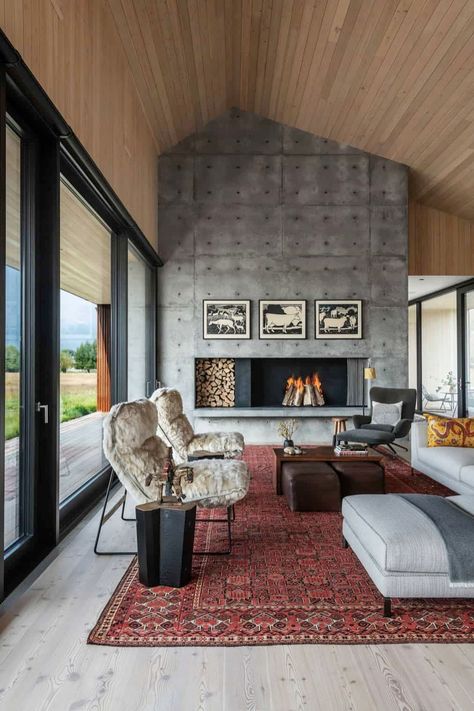 This stunning home is wrapped in weathering steel to blend with the Wyoming terrain Industrial Fireplace, Concrete Fireplace, Design Blogs, Chic Home Decor, Fireplace Design, Living Room Grey, A Living Room, Chic Home, Living Room Seating