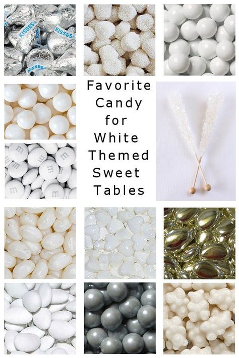 Most favorite candy for a white themed candy buffet, candy table or sweet table. White Candy Bar, White Candy Buffet, Wedding Candy Table, White Party Theme, Baby Shower Sweets, Candy Buffet Wedding, Candy Buffet Tables, Candy Bar Wedding, Sweet Tables