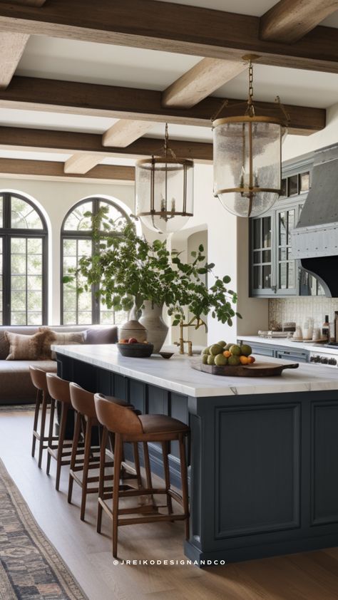 French Classic Kitchen Design, Ellen Fleck Interiors, Oversized Island Kitchen, Old Homes Interior, Dark Kitchen Island, Kitchen With Windows, Warm Contemporary Kitchen, Modern Rustic Interior Design, Restoration Hardware Kitchen