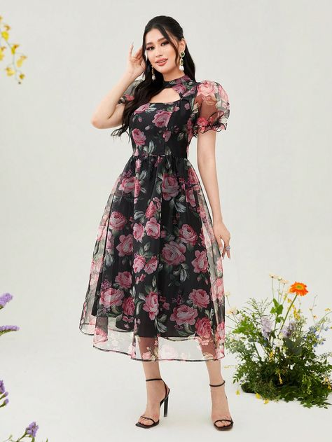 Multicolor Elegant Collar Short Sleeve Organza Floral,All Over Print A Line Embellished Non-Stretch  Women Clothing Floral Dress Organza, Georgette One Piece Dress Western, Black Floral Frock, Floral Organza Dress Western, Collar Frocks For Women, Organza Short Frocks For Women, Cute Frocks For Women, Short Frock Designs For Women, Organza One Piece