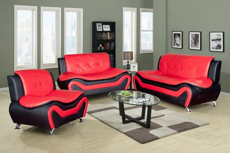 Home Garden Collections 3 Piece Faux Leather Contemporary Living Room Sofa Love Seat Chair Set Black/Red Product SKU: HF3002LS3 -- Continue to the product at the image link. (This is an affiliate link) #livingroomfurniture Sofa Kulit, Sofa Arrangement, Furnitur Ruang Keluarga, 3 Piece Living Room Set, Leather Living Room, Leather Sofa Living Room, Sofa L, Modern Sofa Set, Faux Leather Sofa