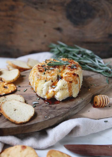 Warm baked boursin cheese with a crispy crumb exterior and drizzled with hot honey is the most delicious appetizer. #appetizer #cheese Baked Boursin With Spicy Honey, Boursin Cheese Puff Pastry, Crispy Baked Boursin With Spicy Honey, Cheese With Hot Honey, Baked Boursin Cheese, Boursin Cheese Appetizers, Boursin Appetizers, Baked Boursin, Honey Appetizers