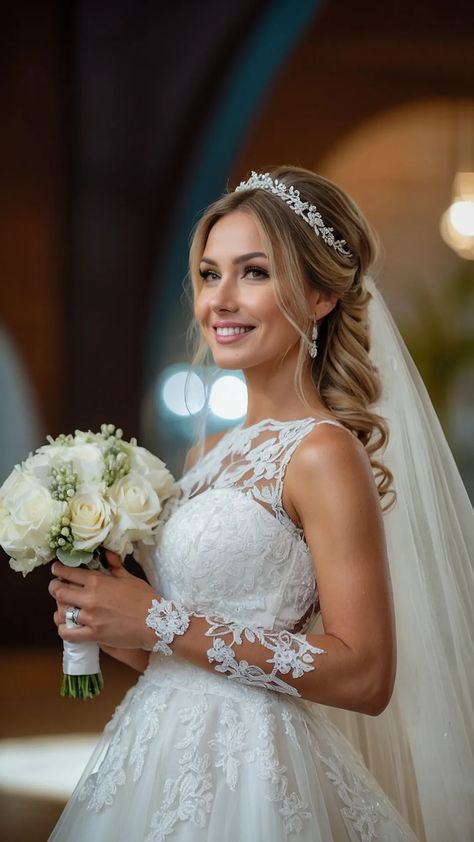 Updos, Curls, and Veils: 15 Wedding Hairstyles That Inspire Happiness - Fads Tiara And Veil Wedding Hair Down, Wedding Hair With Crown Tiaras, Tiara Bridal Hair, Updo With Tiara And Veil, Wedding Hair Pieces With Veil, Bride Hair With Crown, Wedding Hairstyles With Veil And Tiara, Wedding Hair Bun With Veil, Wedding Veil Hair Down