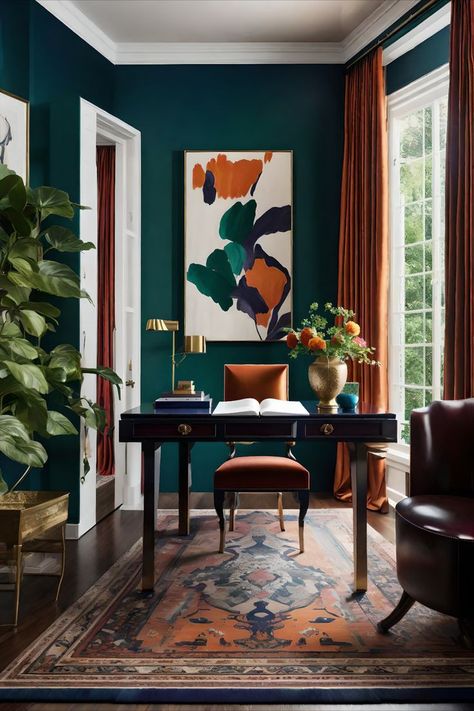 Office Dark Green Walls, Vintage Classy Home Decor, Green And Brown Office Decor, Rust Office Decor, Green Walls Orange Curtains, Burnt Orange Office Decor, Funky Office Ideas, Botanical Office Decor, Moody Maximalist Office