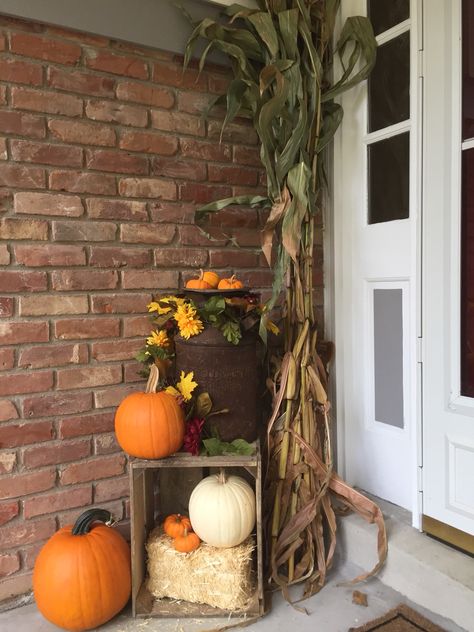 My fall front porch. Old milk can, corn stalks and crate. Front Porch For Fall, Old Milk Cans, Fall Front Porch Decor Ideas, Outside Fall Decor, Corn Stalks, Food Decor, Fall Front Porch Decor, Adornos Halloween, Halloween Front Porch