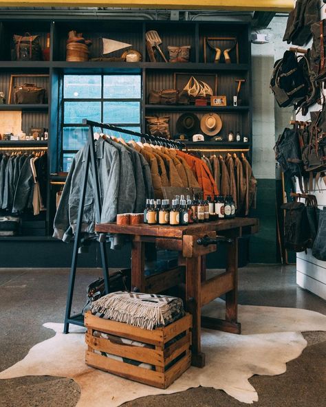 Bradley Mountain (@bradleymountain) • Instagram photos and videos Filson Store Interior, Industrial Retail Display, Western Shop Ideas, Industrial Boutique Design, Clothing Booth Display, Denim Display, Cowboy Store, Camping Store, Camping Shop