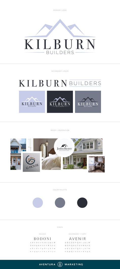 Erie, PA-based home construction company, Kilburn Builders, needed a simple and sleek logo for their home construction company. We kept it clean and modern with this professional branding suite including logo variations, color palette, font choices and more. Color Palette For Construction Company, Builders Logo Design, Builders Logo, Branding Suite, Home Logo Design, Logo Colours, Sleek Logo, Logo Variations, Professional Branding