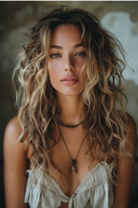 Portrait of a young woman with sun-kissed, wavy blonde hair and a serene expression, wearing a necklace and a white ruffled top. Long Layered Curly Hair, Layered Curly Hair, Framing Layers, Hairstyles For Curly Hair, Long Wavy Hair, Curly Hair Cuts, Hair Envy, Loose Waves, Face Framing